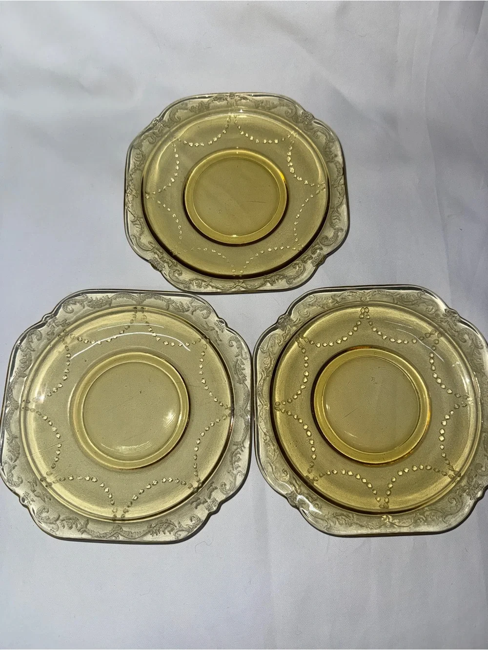 Vintage Amber Depression Glass Square Saucers Set of 3 Etched